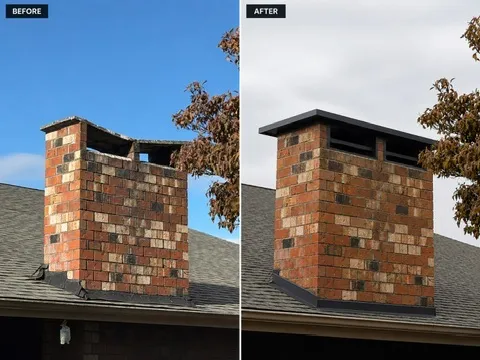 Before and after chimney masonry repair with new cap installed